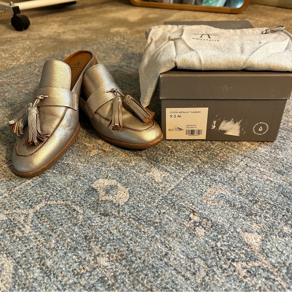 Aquatalia Metallic Silver Mules with Decorative Strap